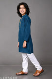 Blue cotton blend kurta and pajama set for boys, self-weave designs on festive attire