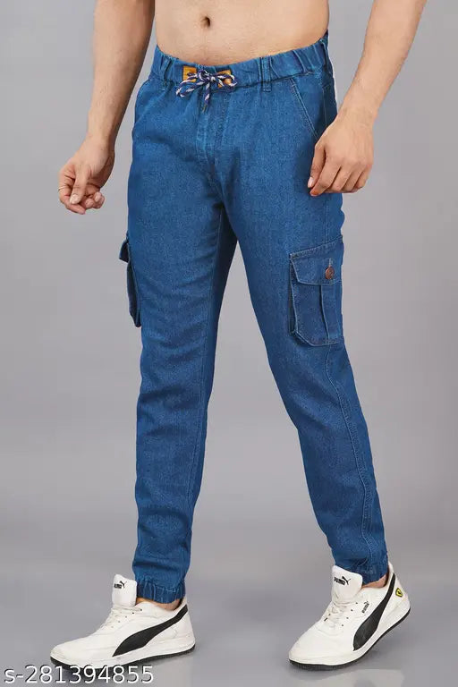 Men's dyed/washed denim cargo jogger, versatile and stylish. Shown here in size 30, waist 30in, length 39in, hip 38in. Made in India