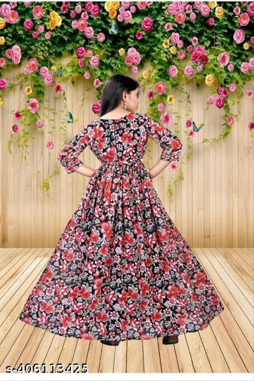 Georgette A-line dress with long sleeves, net print, suitable for casual wear in 9-14 years sizes, Indian origin