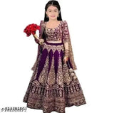 Purple velvet semistitched embroidered lehenga-choli and dupatta set for kids, Indian ethnic wear