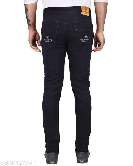 Black men's slim fit jeans with visible stitching and pockets