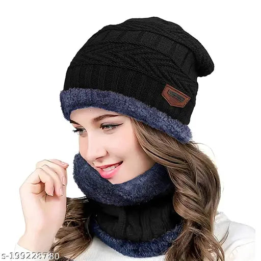 Black knitted beanie with neck scarf set, Avni home decor