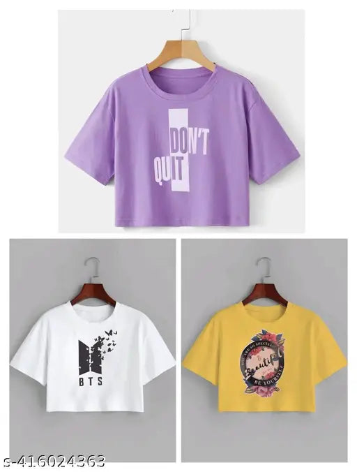 Cotton blend printed net large white BTS yoga leggings in yellow, set of 3 with short sleeves. Colors match. Sizes include S, M, L, XL. Made in India