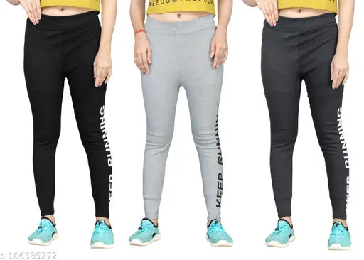 Women's Cotton Keep Running Printed Jeggings Pack Of 3(Size:-26 To 36)