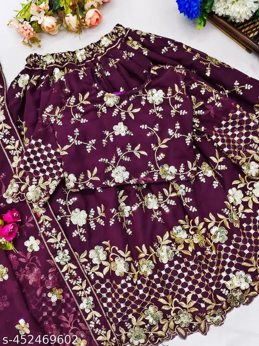 Embroidered Georgette Lehenga Choli with floral stitch, trending solid embellished full-stitched design for girls aged 3-15 years, India origin