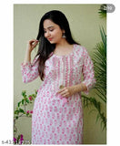 Rayon pink kurti pant with palazzos, three-quarter sleeves, printed net design. Single size available for S, M, L, XL, XXL, XXXL from India