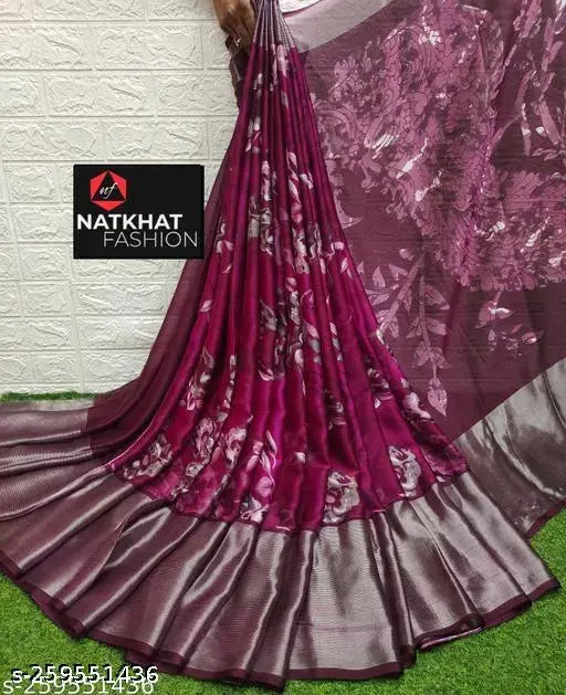 Natkhat Fashion Brasso Moss Chiffon Floral Printed Saree with Contrast Blouse - Indian summer chiffon saree for daily wear and functions