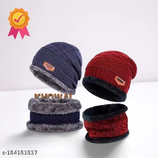 KHOWAL Thermal Winter Cap And Neck Warmer Set Combo In 4 Pieces, 2 Beanie Hat With 2 Round Neck Scarf.