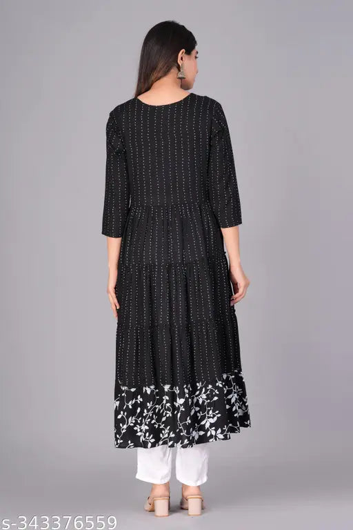 Embroidery and printed viscose rayon anarkali kurta, three-quarter sleeves, Indian ethnic wear for women