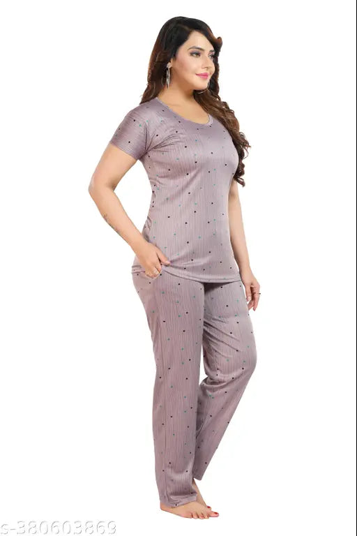Printed polyester nightwear set for women & girls - Superias round neck nightdress & pajamas