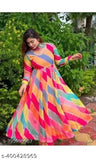 Georgette anarkali long sleeve kurta set with dupatta, traditional Indian party wear for women and girls in various sizes from S to XXL