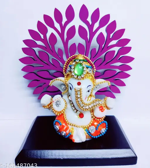 Wooden base Ganesh idol, polyresin statue of Lord Ganesha adorned with stone accents. Indian handicraft for home decor and spiritual space