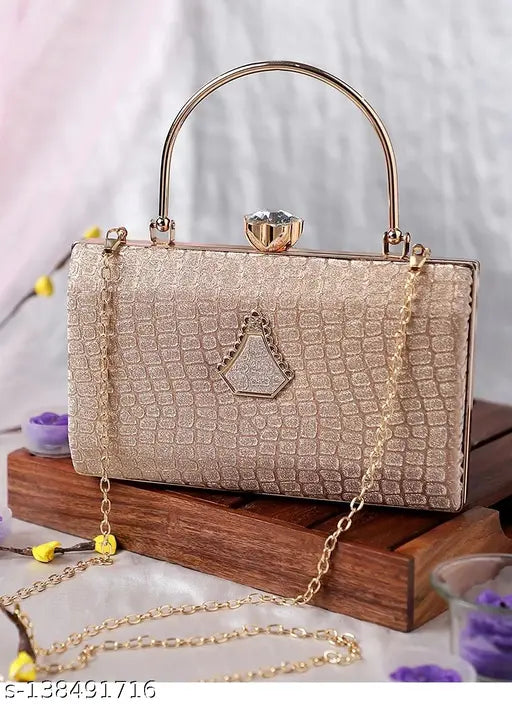 Women's premium quality gold sequin clutch purse with a metal chain strap, gold tone hardware and a detachable shoulder chain, elegant for evening wear