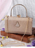 Women's premium quality gold sequin clutch purse with a metal chain strap, gold tone hardware and a detachable shoulder chain, elegant for evening wear