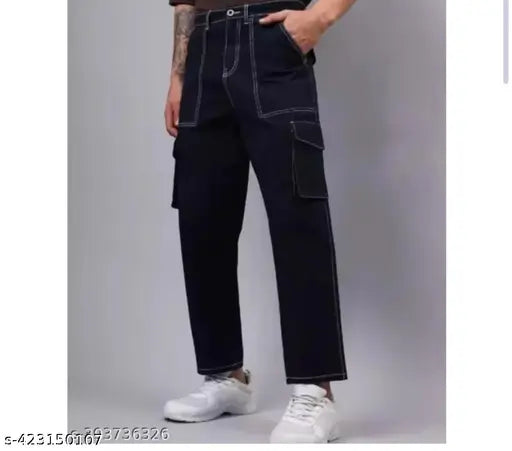 Stylish denim cargo jeans for men and women, solid or abstract pattern, 6 pockets, try size 26, 28, 30, or 32 from India