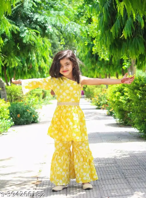 Printed cotton sharara coord set for girls aged 2-4 years, vibrant floral design from India