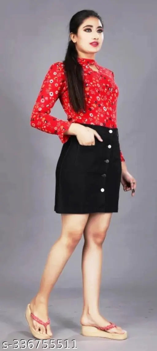 Black denim mini skirt with front pocket and button closure, straight hem
