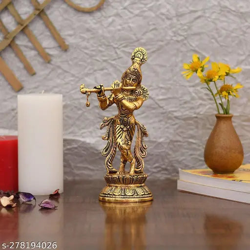 Krishna playing flute metal idol, 13x7x25 cm, symbolizing luck, love, happiness & prosperity