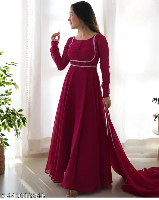 Georgette embroidered kurta with duppatta, solid pattern, long sleeves, Indian women's clothing