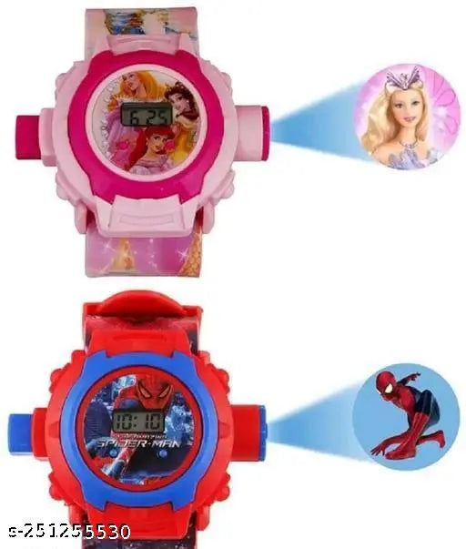 Spiderman and princess-themed digital watches with projector feature, in red and pink for boys and girls