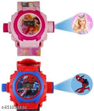 Spiderman and princess-themed digital watches with projector feature, in red and pink for boys and girls