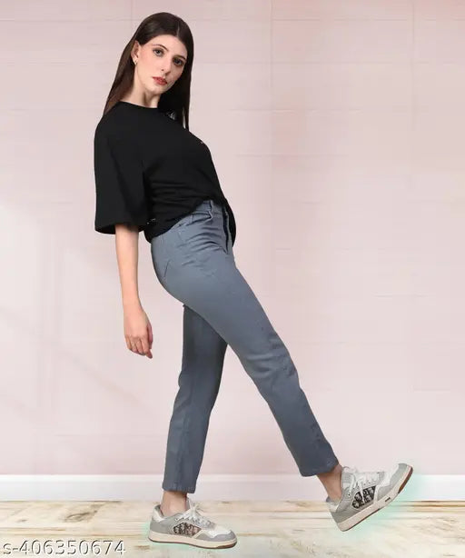 Grey stretchable premium denim jeans, high waisted, bell bottom style