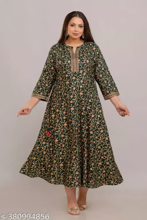Green rayon plus-size gown with printed combo, three-quarter sleeves, ankle length - Indian fashion for fuller figures