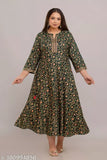Green rayon plus-size gown with printed combo, three-quarter sleeves, ankle length - Indian fashion for fuller figures