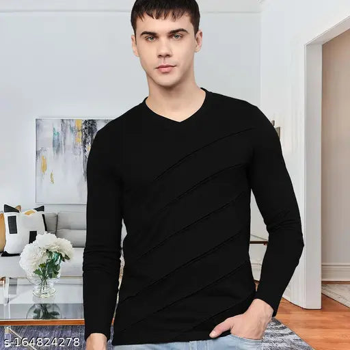 Black cotton long-sleeve v-neck T-shirt by EyeBogler, solid design for men's casual wear