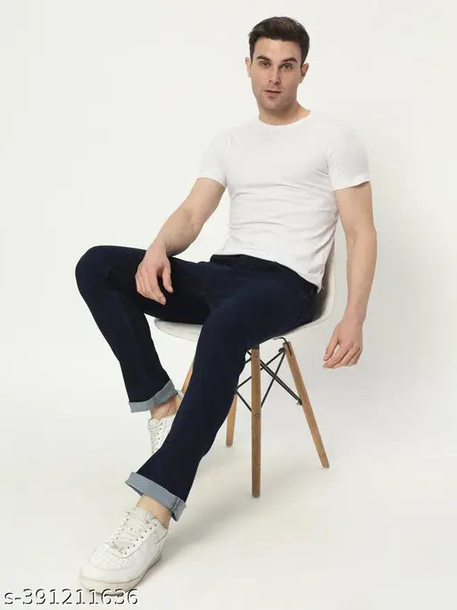 AngelFab navy blue men's mid-waist stretchable skinny fit jeans