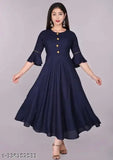 Navy Blue Rayon Flared Kurta for Women - Comfortable, breathable, and stylish traditional rayon kurta with three-quarter sleeves and round neck, perfect for casual occasions or festivals