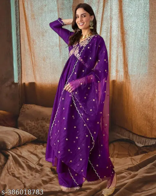 Vichitra Silk Embroidered Purple Kurta Set Bottom with Organza Dupatta - Indian ethnic fashion, rayon fabric, embroidered details