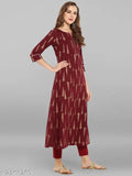 Burgundy printed cotton kameez with long sleeves and side slit