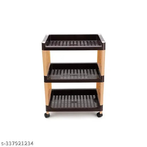 Three-tiered, brown and cream multi-purpose storage organizer for kitchen and office racks, wheels included