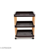 Three-tiered, brown and cream multi-purpose storage organizer for kitchen and office racks, wheels included