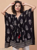 Black Rayon Kaftan with Red Fringes, Jaipuri style print, adjustable waist, India