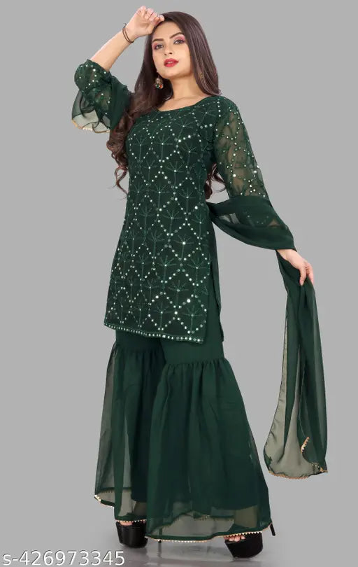 Green georgette kameez-duppatta set for women's traditional sharara, embroidered with sequin work, ready to wear for weddings and festivals