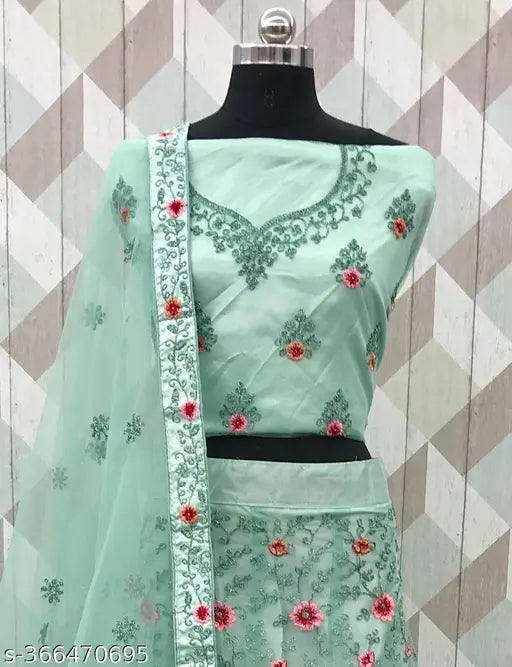 Sky Blue Embroidered Net Lehenga Choli, 25m Dupatta & Semi-Stitched Blouse. Indian ethnic wear for special occasions and parties