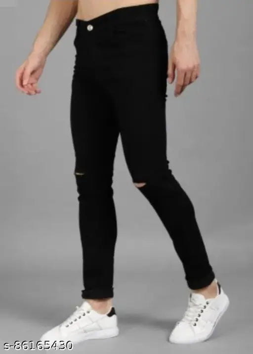 Stylish denim men's black knee-cut jeans, solid print with no fade, dark wash 5-pocket mid-rise jean from Jac Fashion, size 28/30/32/34/36, Indian origin