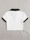 Contrast collar print cotton t-shirt, short sleeves, solid net pattern, XS (34in bust, 16in length). Indian-made, casual wear
