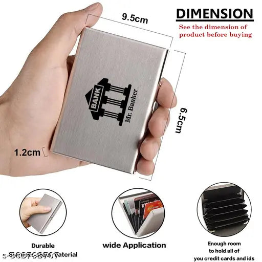 Silver water-resistant stainless steel card holder, ideal for 6 cards. Wide slots for cards and bills, origin: India