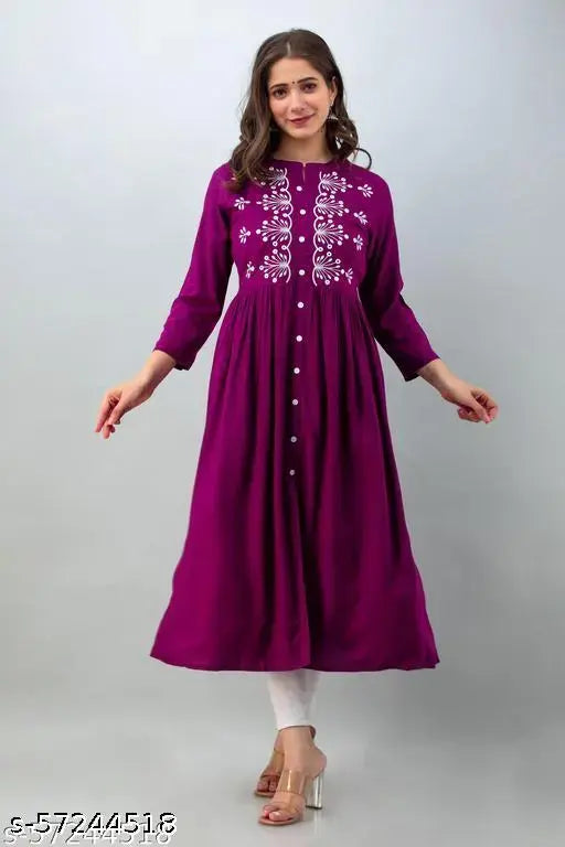 Rayon Mor Style Embroidered Kurti, three-quarter sleeves, beautiful mirror embroidery - Indian women's fashion