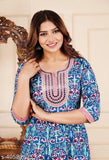 Trendy embroidered cotton anarkali kurta, calf-length with gota detailing, round neck, 3/4 sleeves. Indian ethnic wear in soft colors and floral prints for women's regular wear. Product length: 47 inches