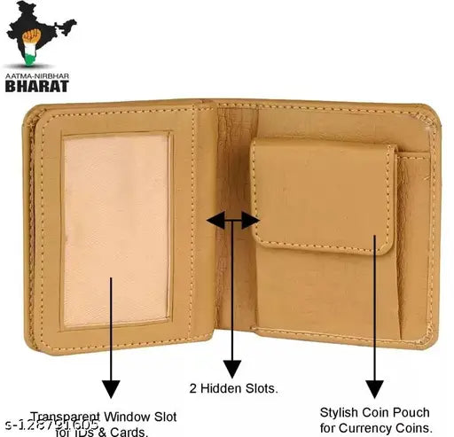 Cream PU bi-fold wallet, classic design for men. Two compartments, seven card slots, perfect daily use