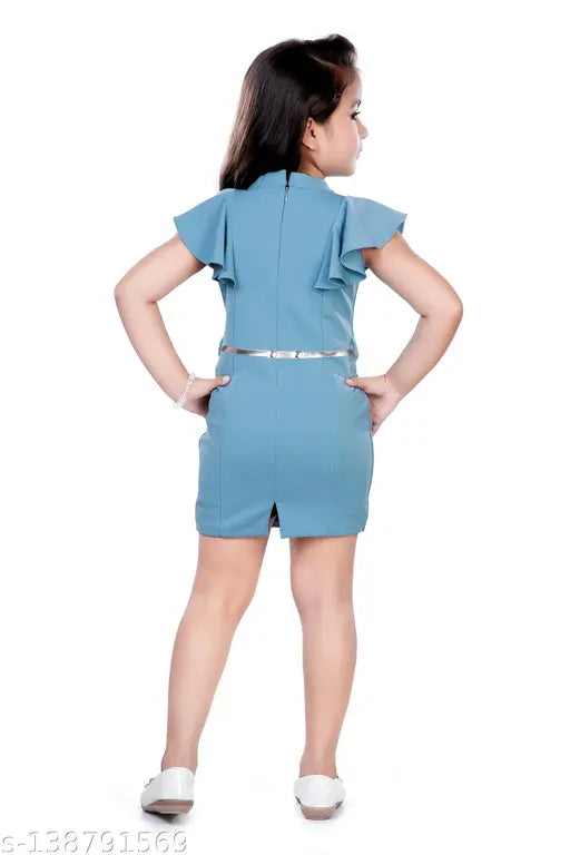 Stretchy mini party dress in self-design net polyester, featuring shoulder frill and lining, size 13-14 years with included fashion belt and floral embellishment