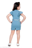 Stretchy mini party dress in self-design net polyester, featuring shoulder frill and lining, size 13-14 years with included fashion belt and floral embellishment