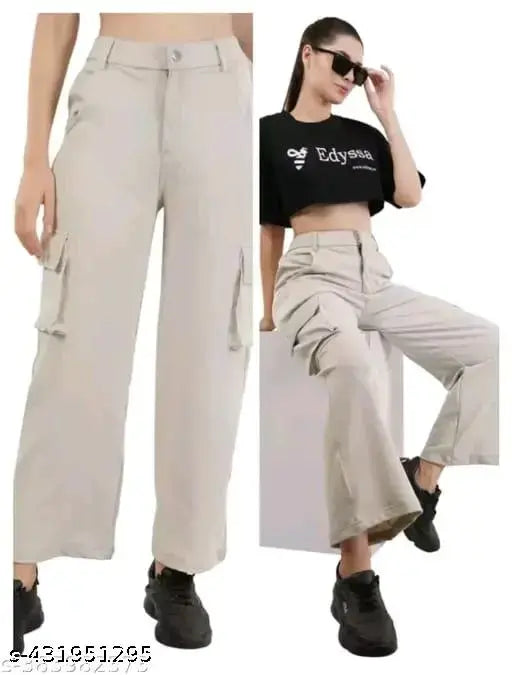 Solid khaki women's cargo pants with rolled up legs and drawstring waistband