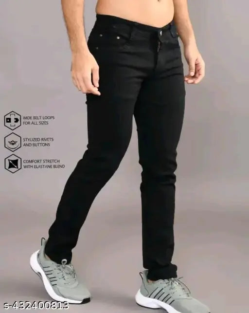 Black men's regular fit jeans with a slight flare at the ankle, button and zip fly closure