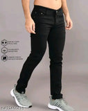 Black men's regular fit jeans with a slight flare at the ankle, button and zip fly closure