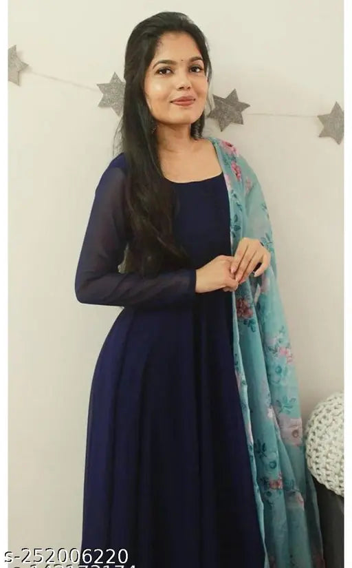 Festive season Anarkali gown in solid pattern, long sleeves, Indian-style women's dress with dupatta. Sizes: S(34/30), M(36/32), L(38/34), XL(40/36), XXL(42/38)